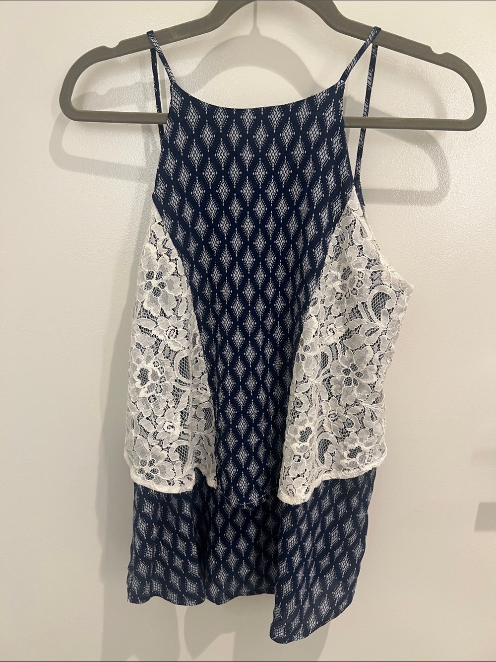 Annabella Navy Diamond Print Lace Trim Cami Top Small Flowy Low Back